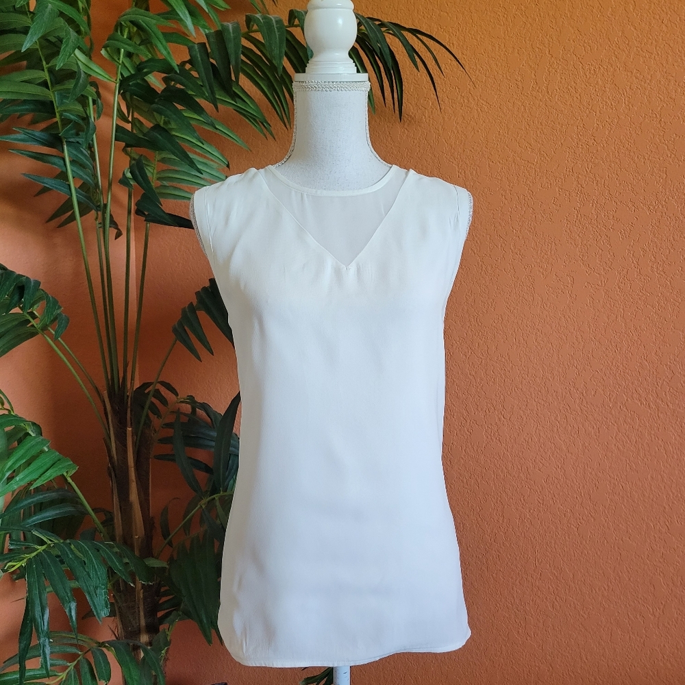 Violet + Claire Sleeveless White Blouse Mesh V Neck Large White